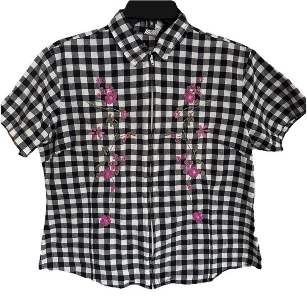 Embroidered Gingham Plaid Women's L‎ Short Sleeve Zip Top Cottagecore Grannycore